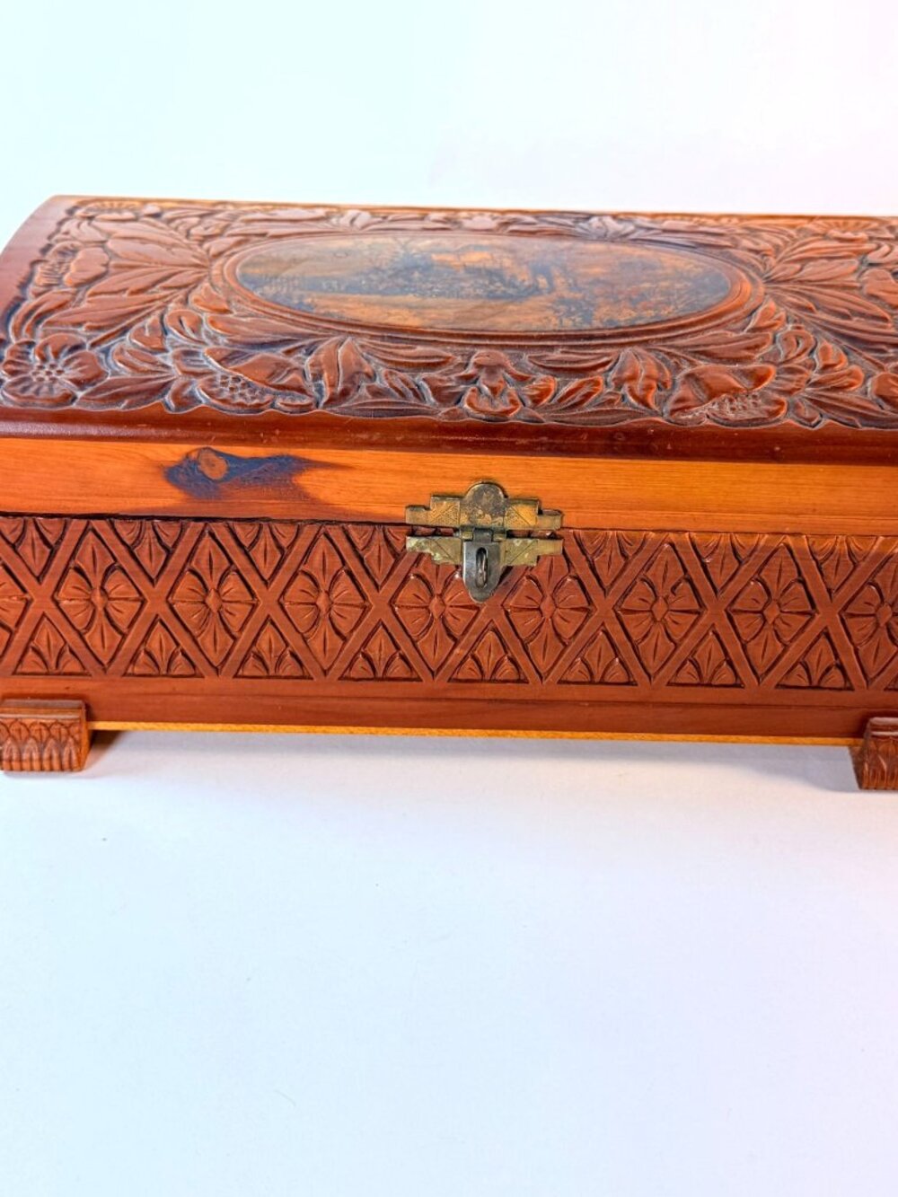 Vintage Wooden Keepsake Box w/ Mirror Floral Carved Jewelry Trinket Storage Box